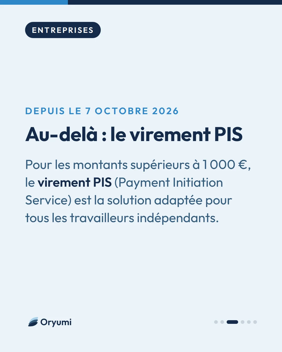 Depuis le 7 octobre 2026. Au-delà : le virement PIS. Pour les montants supérieurs à 1 000 €, le virement PIS (Payment Initiation Service) est la solution adaptée pour tous les travailleurs indépendants.